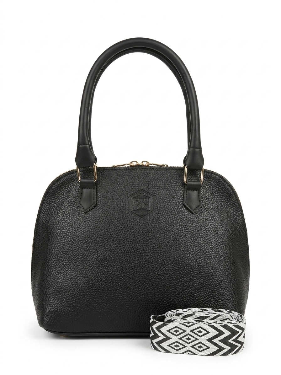 Black handbag with a matching pouch on a white background