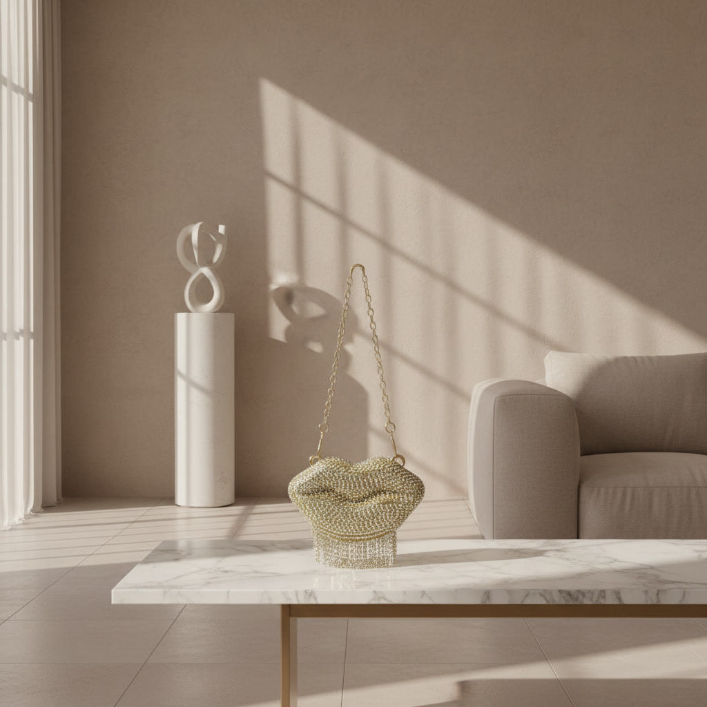Modern living room with a marble coffee table, decorative bag, and abstract sculpture.